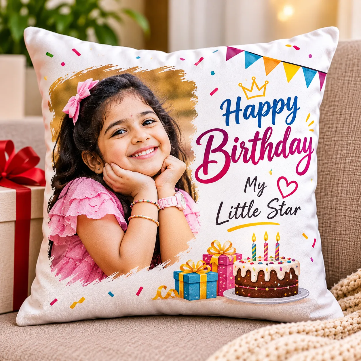 Personalised photo cushion designed as a birthday gift