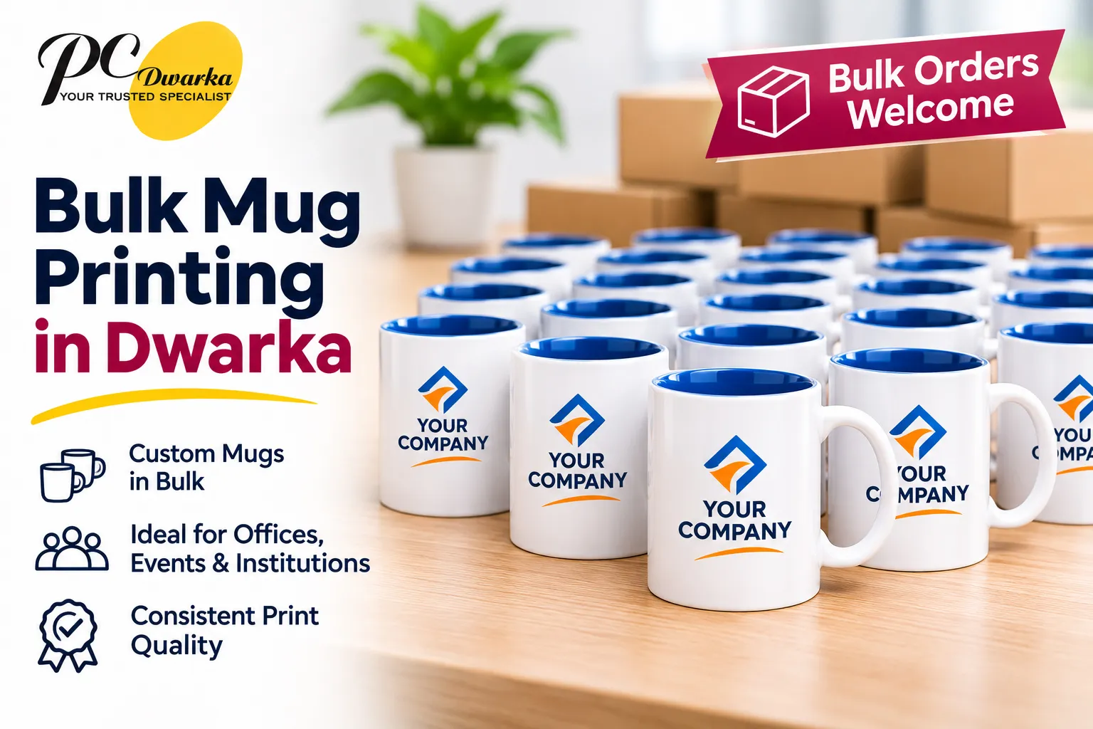 Bulk order of custom printed ceramic coffee mugs for business and events.