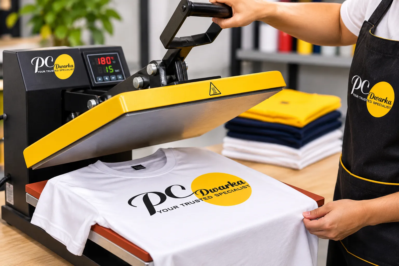 Heat press machine applying a custom design to a T-shirt