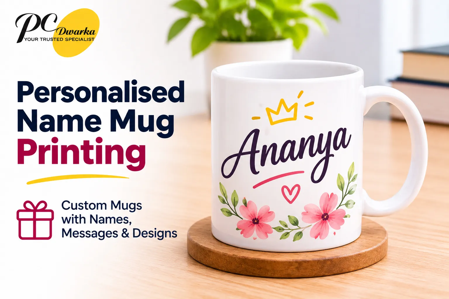 Personalised coffee mug with a custom name and message printed on the surface.