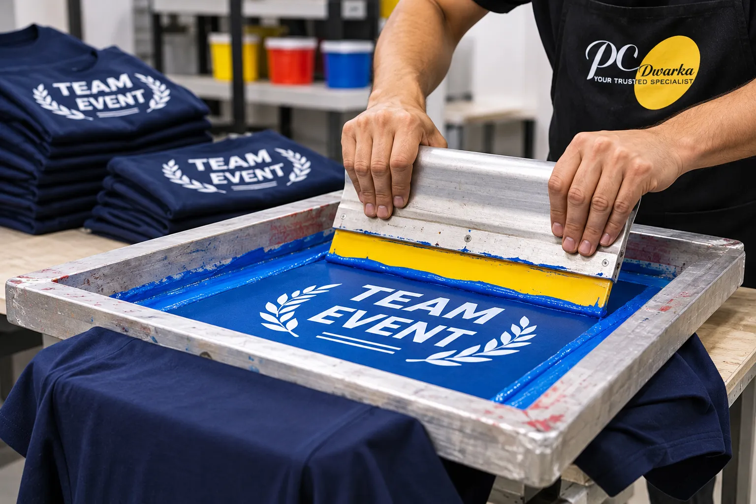Screen printing process applying ink to a T-shirt